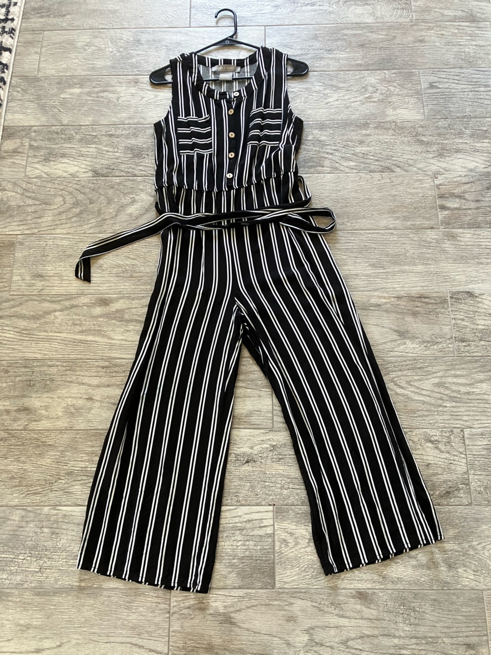 Sleeveless Black & White Striped Wide-Leg Jumpsuit with Belt